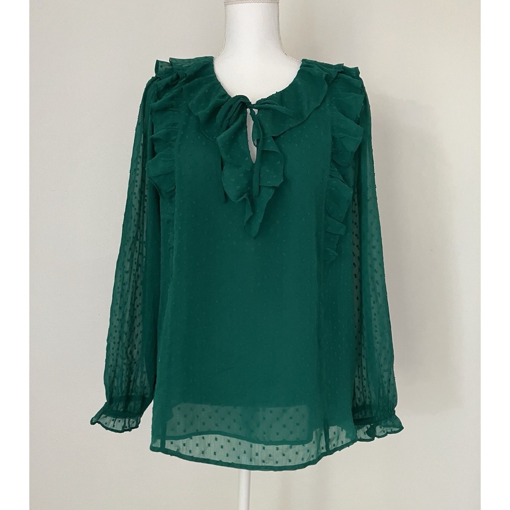 Loft Emerald Green Swiss For Ruffle Neck Tie Blouse Size XL Romantic Classic